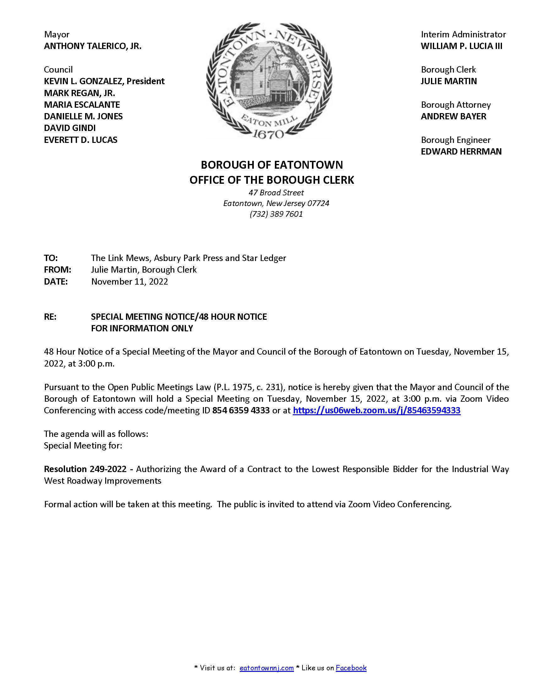 Special Mtg Notice for 11-15-22