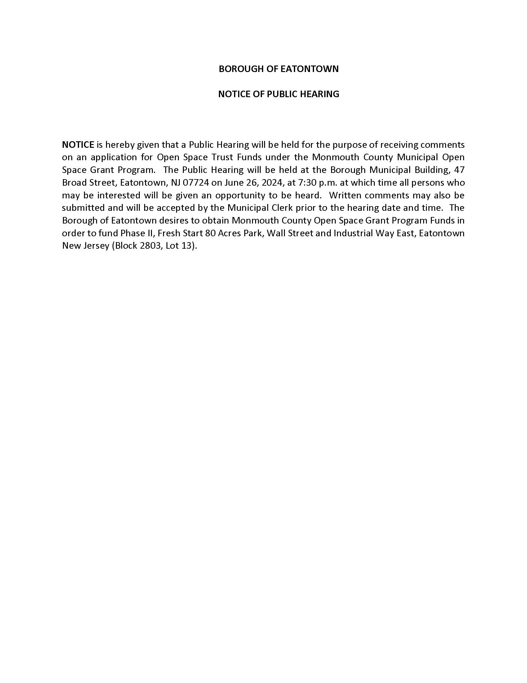 Notice of Public Hearing Monmouth County Open Space 2024