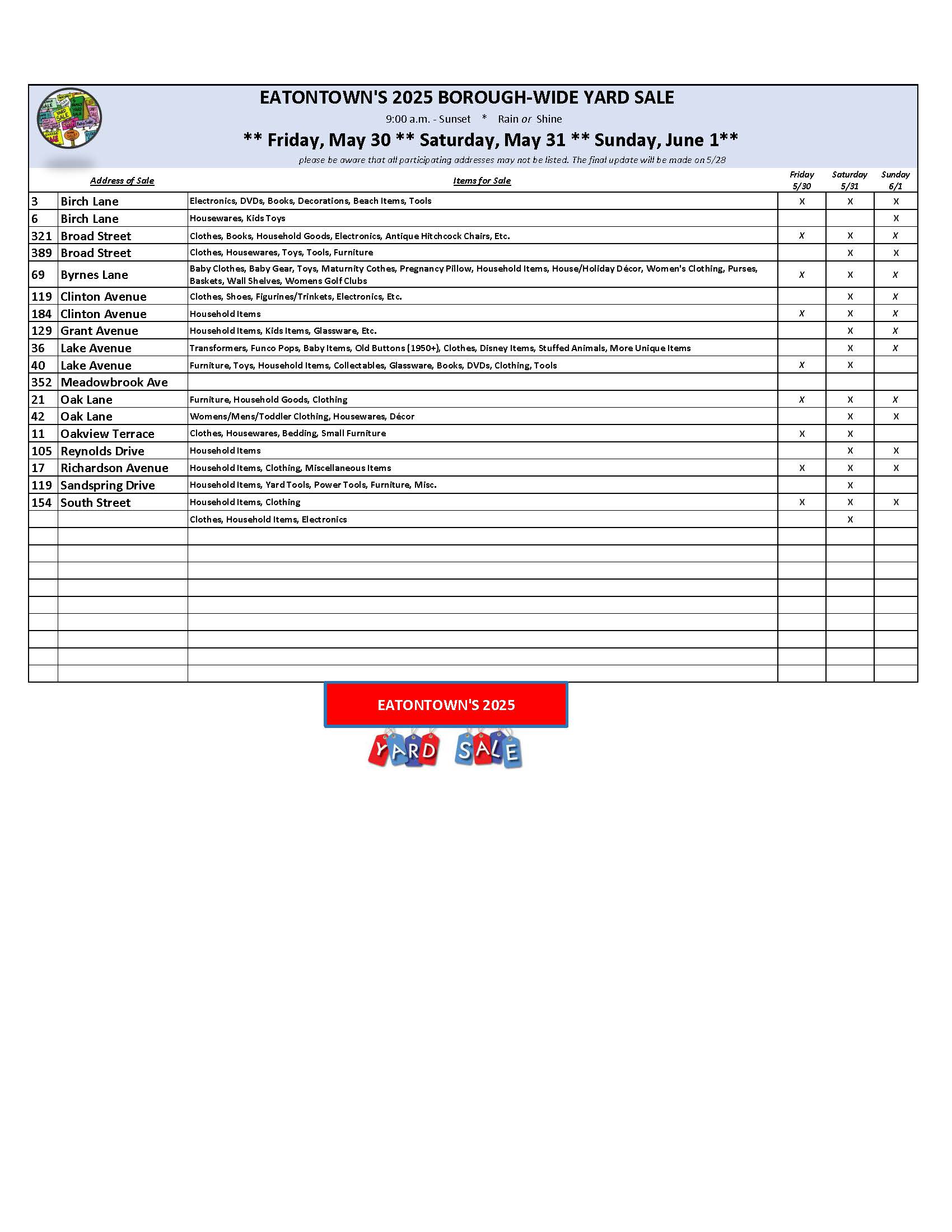 2025 Registrants for Town Wide Yard Sale